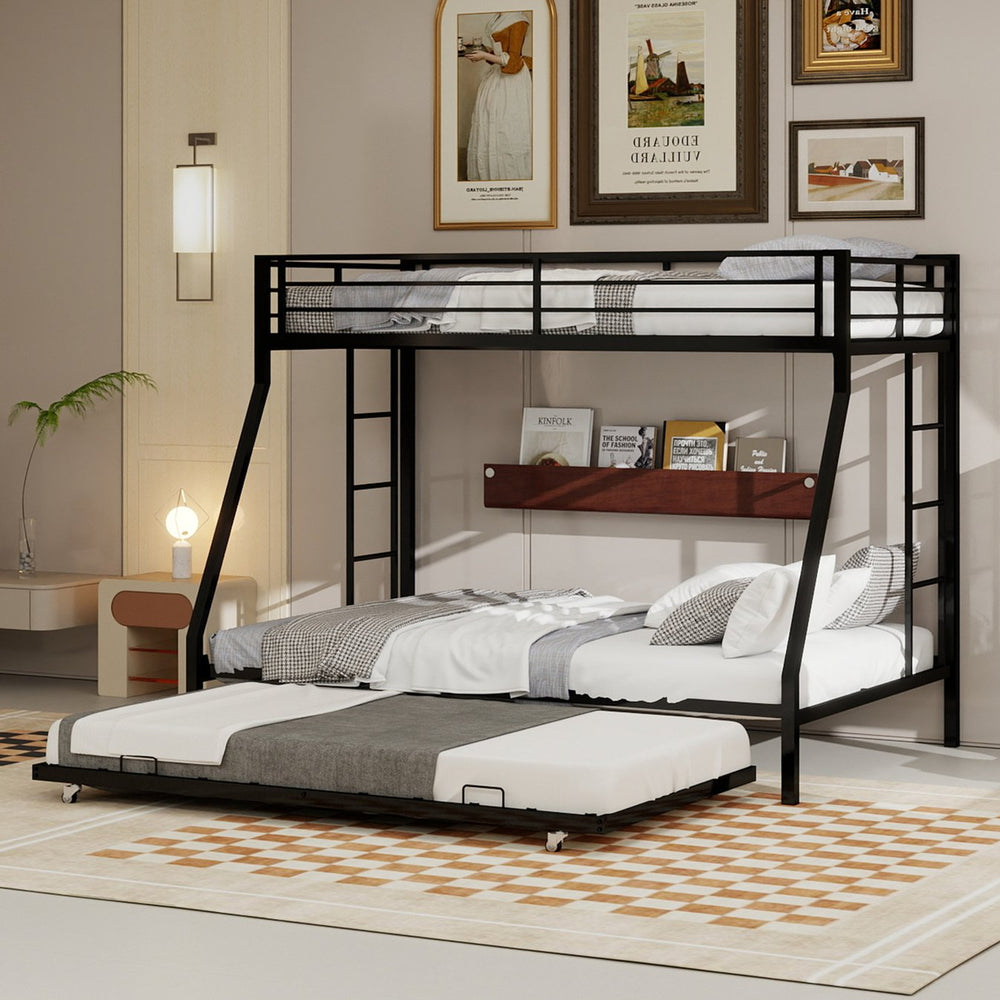English Elm High Strength Iron Bunk Bed with Rolling Trundle Minimalist Queen Frame for Three W1935P360876