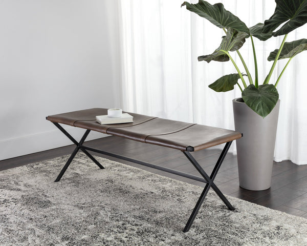 Sunpan Elon Bench - Minimalist Leather Design with Matte Black Base, Handcrafted Elegance for Any Space Vintage Cognac Leather