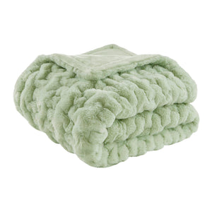 JLA Home Madison Park - Faux Ruched Faux Fur Throw with Reversible Faux Mink Backing, OEKO-TEX Certified, Machine Washable Luxury Sage Green MP50-8800