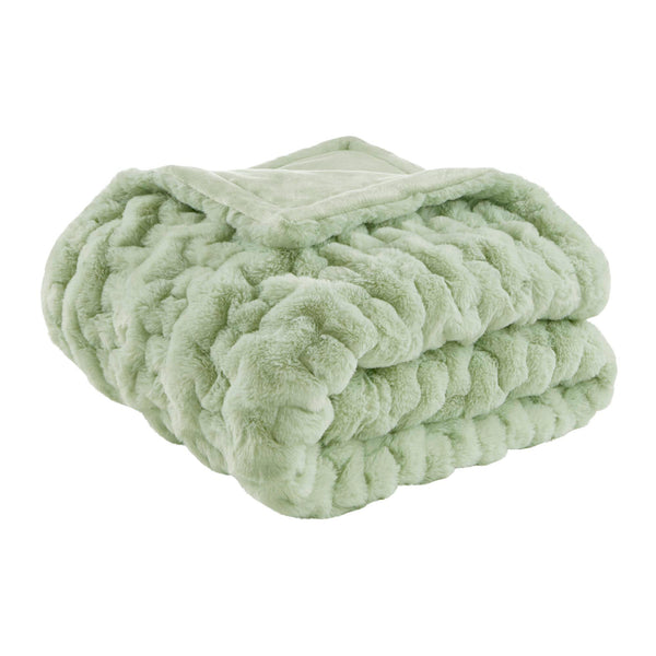 JLA Home Madison Park - Faux Ruched Faux Fur Throw with Reversible Faux Mink Backing, OEKO-TEX Certified, Machine Washable Luxury Sage Green MP50-8800