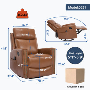 English Elm Deep Ochre Genuine Leather Swivel Rocker Recliner with Massage Heat for Living Room W1803P323711