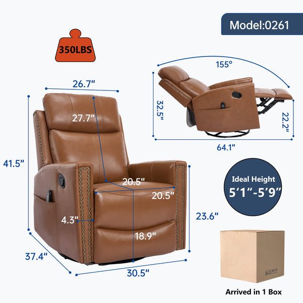 English Elm Deep Ochre Genuine Leather Swivel Rocker Recliner with Massage Heat for Living Room W1803P323711