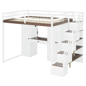 English Elm Full Size Teen Loft Bed with Wardrobe Staircase Storage Dressing Table and Led Lights LT000276AAP