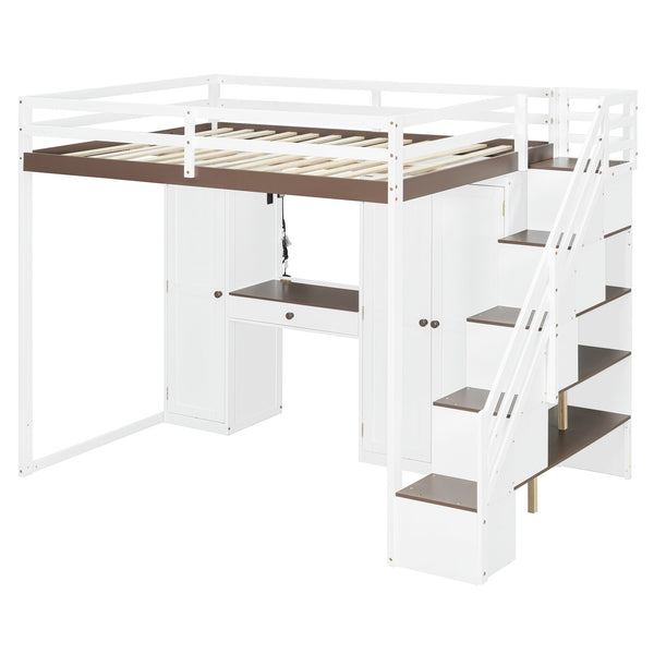 English Elm Full Size Teen Loft Bed with Wardrobe Staircase Storage Dressing Table and Led Lights LT000276AAP