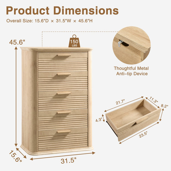 English Elm 6 Drawer Tall Fluted Chest with Waveform Fronts Slim Wooden Storage for Modern Bedroom Oak T5326P425094