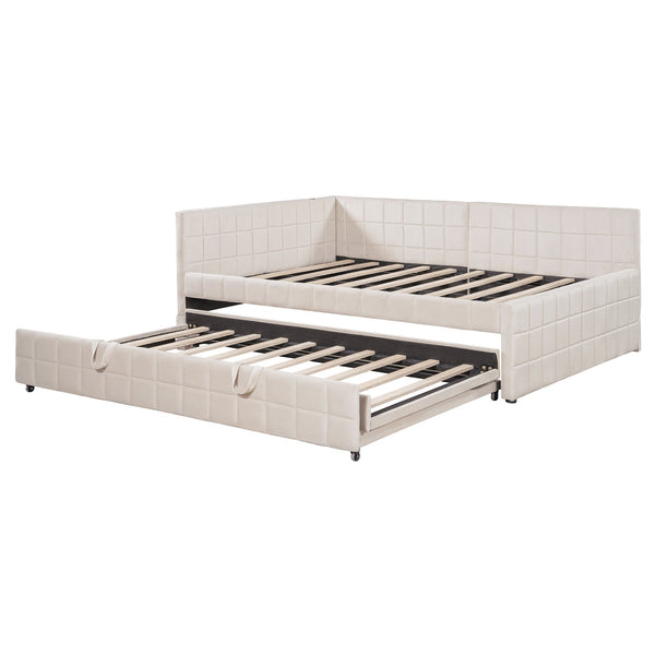 English Elm Full L-Shaped Upholstered Daybed with Pull-Out Twin Trundle, Built-In USB Ports, Modern Chic Design Beige SF000192AAA