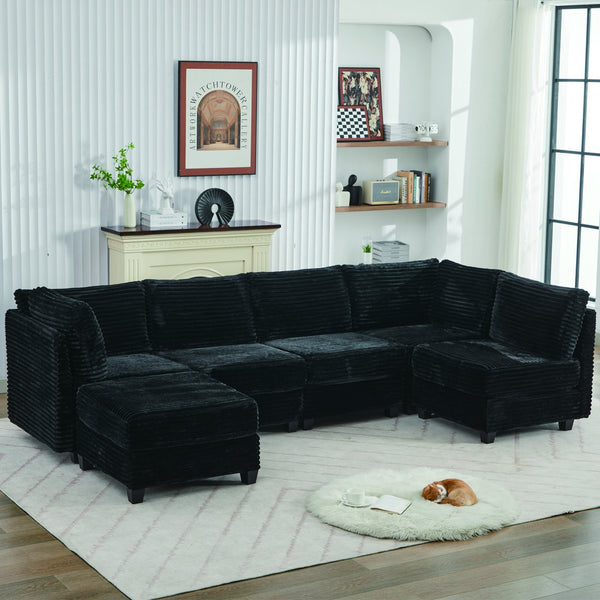 English Elm Corduroy Plush U-Shaped Sectional Sofa with Storage Ottoman, Pet-Friendly Durable Modular Comfort Black W2915S00063