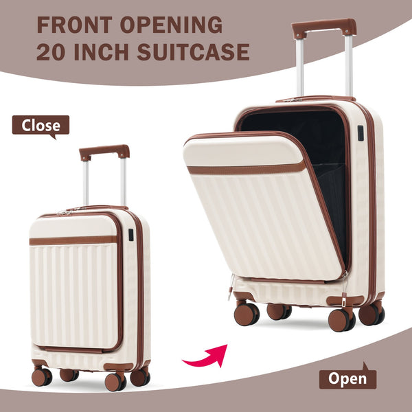 English Elm Front Access Hardside 3 Piece Travel Set with Usb Port Spinner Wheels and Tsa Lock Brown+White N732P326130K