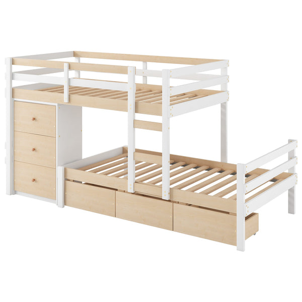 English Elm Twin Loft Bunk Bed with Built-In Drawers and Ladder, Space-Saving Twin over Twin Pine MDF Design Natural GX000424AAN