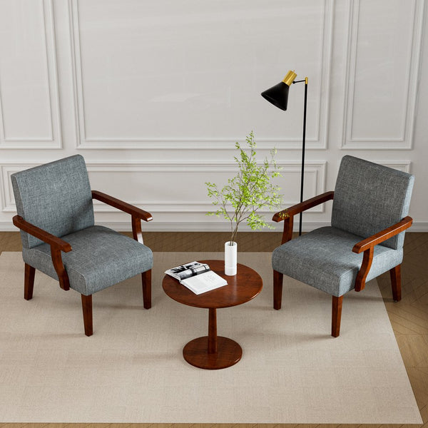 English Elm Fabric Accent Arm Chair Set with Round Wood Side Table — Durable Hardwood Frame, Cozy Seating for Small Spaces Grey W1420P188103