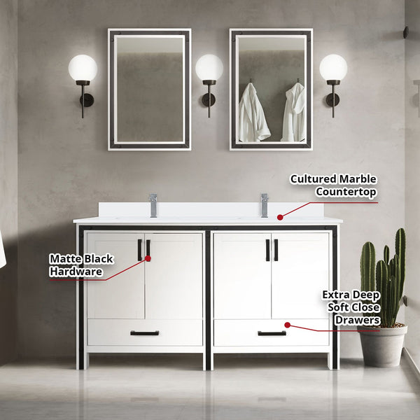 English Elm White Double Bath Vanity 60 in. W x 22 in. D with Cultured Marble Top, Chrome Faucet, Dual 22x32 Mirrors B2731S01138