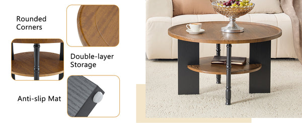 English Elm 2-piece Round Coffee and Side Table Set Walnut Grain Storage Shelf Living Room W1151P433331