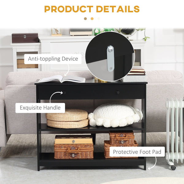 English Elm HOMCOM Narrow Console Table with Extra Wide Drawer, Slatted Frame, 2 Open Shelves & Anti-Tip Safety Black W2225P249592