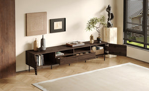 English Elm 78 Inch Walnut Media Console with Slatted Doors Iron Legs and Cable Management N710P373591Q