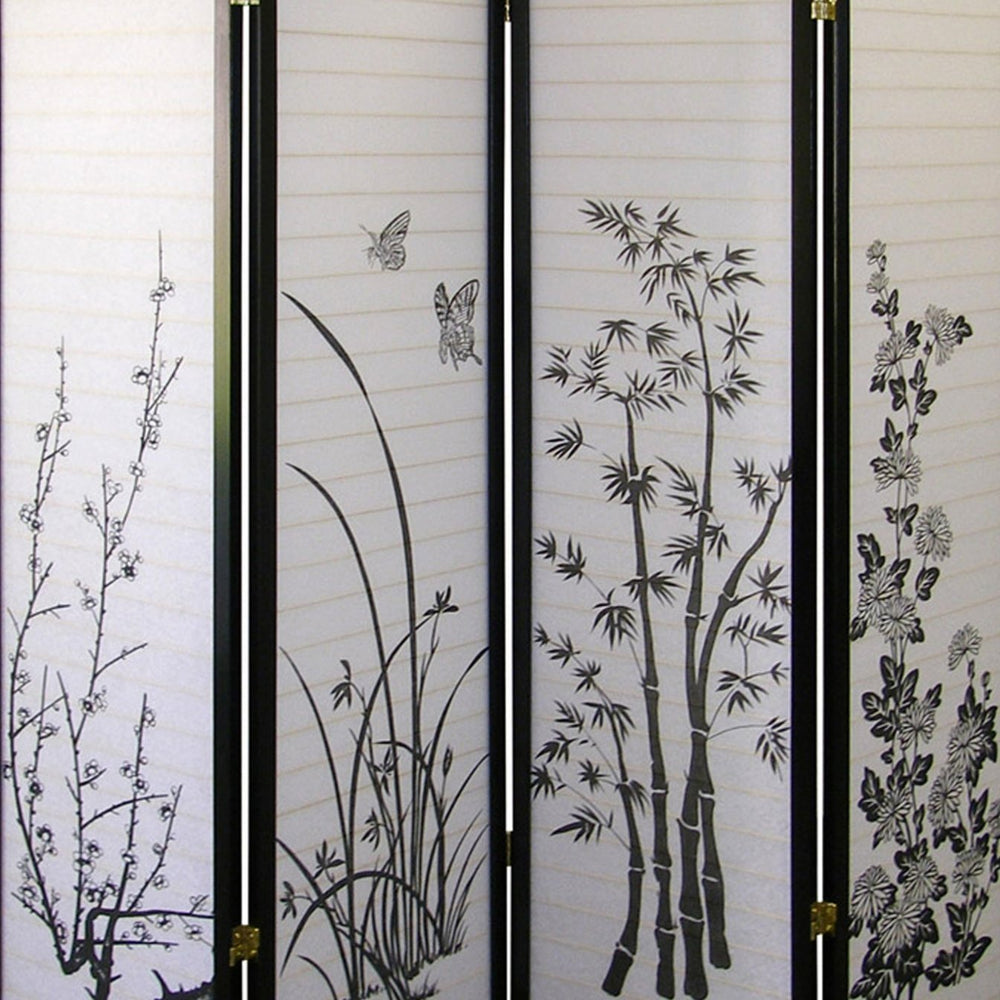 English Elm 70" Tall 4-Panel Folding Screen, Elegant Floral Design With Black Finish For Stylish Room Privacy B072115973
