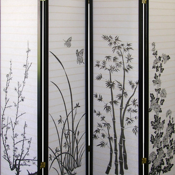English Elm 70" Tall 4-Panel Folding Screen, Elegant Floral Design With Black Finish For Stylish Room Privacy B072115973