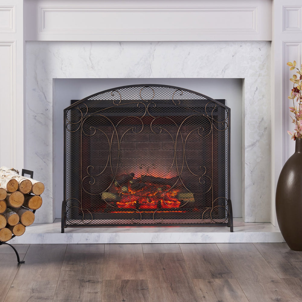 English Elm Christopher Knight Home® - FIREPLACE Black+Gold Iron Screen 40x34.25 Decorative Mesh Guard — Stylish Heat Shield & Spark Barrier 67717.00BBGLD