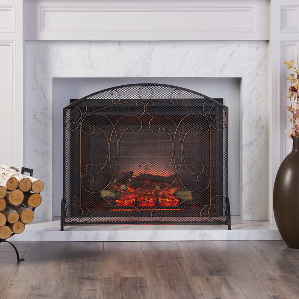 English Elm Christopher Knight Home® - FIREPLACE Black+Gold Iron Screen 40x34.25 Decorative Mesh Guard — Stylish Heat Shield & Spark Barrier 67717.00BBGLD