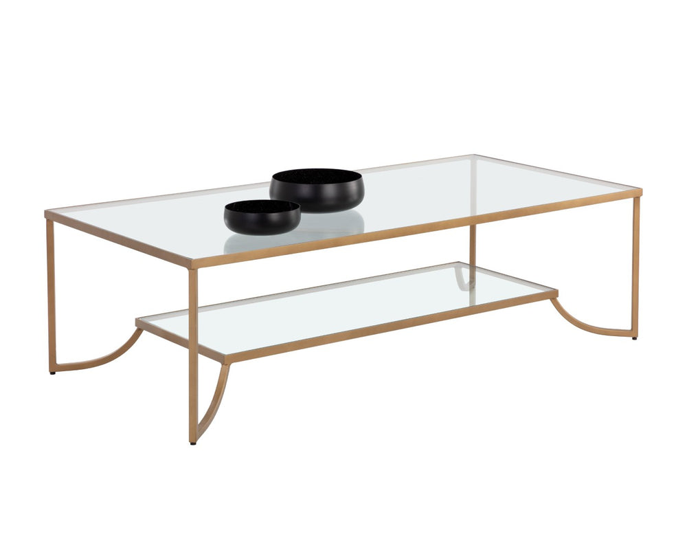 Sunpan KESSLER Coffee Table - Minimalist Design with Antique Gold Frame & Dual Glass Surfaces for Modern Spaces 109638