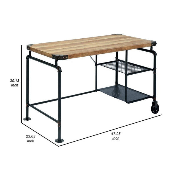 English Elm 47 Inch Industrial Writing Desk with Wire Shelf Caster Wheels and Wood Grain Top B056P416870