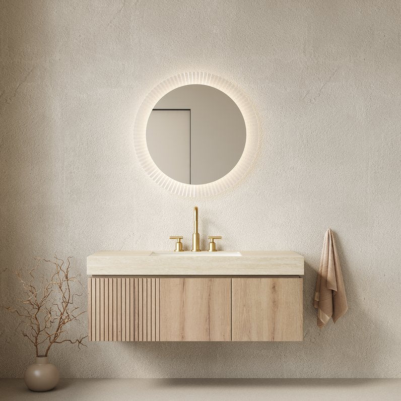 English Elm Muri Floating Bathroom Vanity 48 Inch White Oak Sintered Stone Top Plywood Cabinet W2615S00655