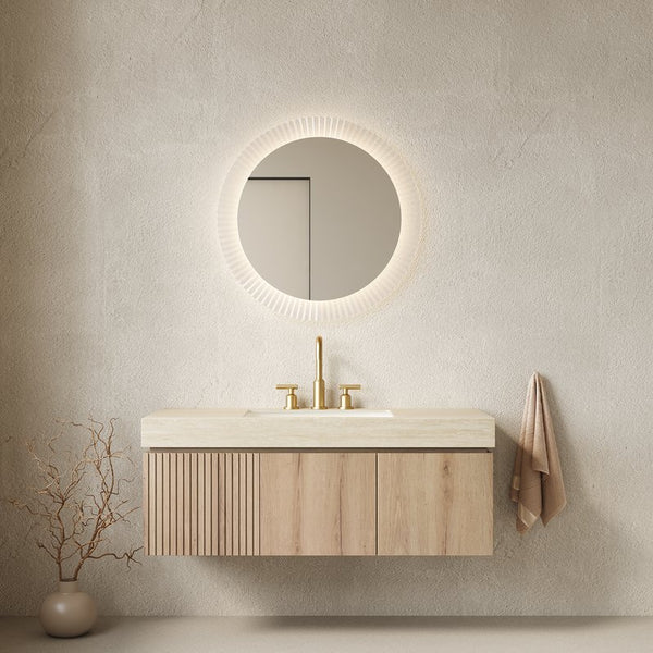 English Elm Muri Floating Bathroom Vanity 48 Inch White Oak Sintered Stone Top Plywood Cabinet W2615S00655