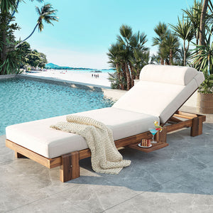 English Elm U_style Acacia Wood Outdoor Chaise Lounge with Retractable Tray and Padded Headrest Beige WY000473AAA