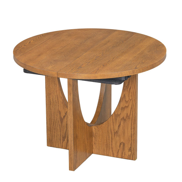 English Elm Topmax Extendable Round Dining Set with Linen Chairs and Pedestal Base Seats Five Walnut N717S000062D
