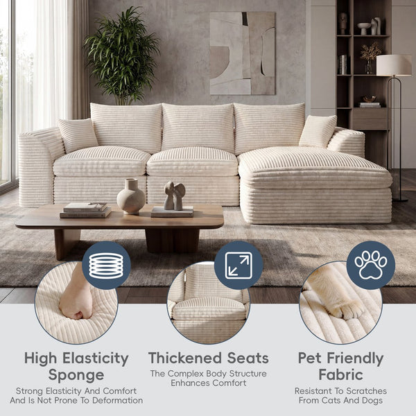 English Elm Modular Cloud Sectional Corduroy Sofa with Reversible Chaise and Memory Foam Comfort Beige White W5638S00005