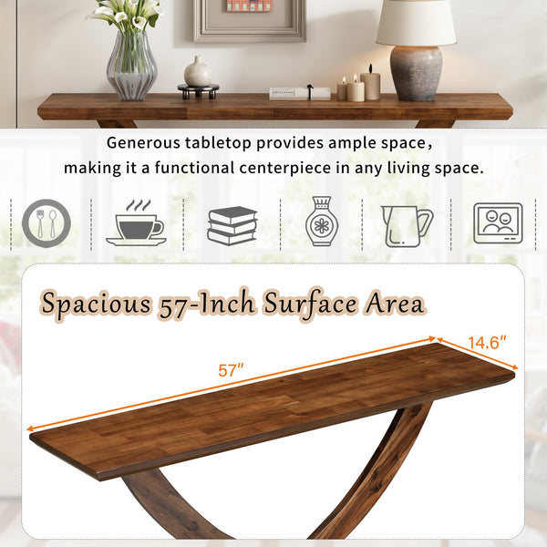 English Elm Mirod 57 Inch Acacia Veneer Console Table with Cross Leg Base for Entryway Brown N760P214643D