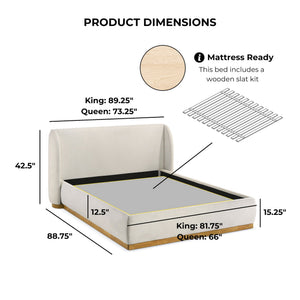 English Elm 1pc Eastern King Boucle Wingback Platform Bed Gold Plinth Base Modern Bedroom B2741S00840