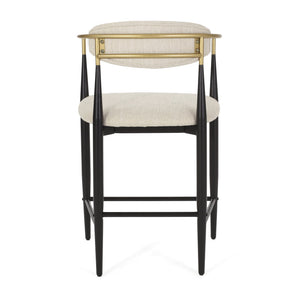 English Elm Counter Stools Set of Two Matte Black Iron Frames Gold Trim Upholstered Seats N771P249370A