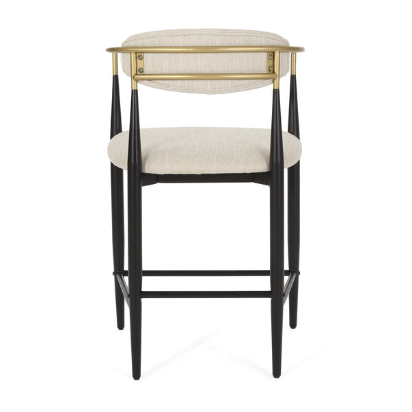 English Elm Counter Stools Set of Two Matte Black Iron Frames Gold Trim Upholstered Seats N771P249370A