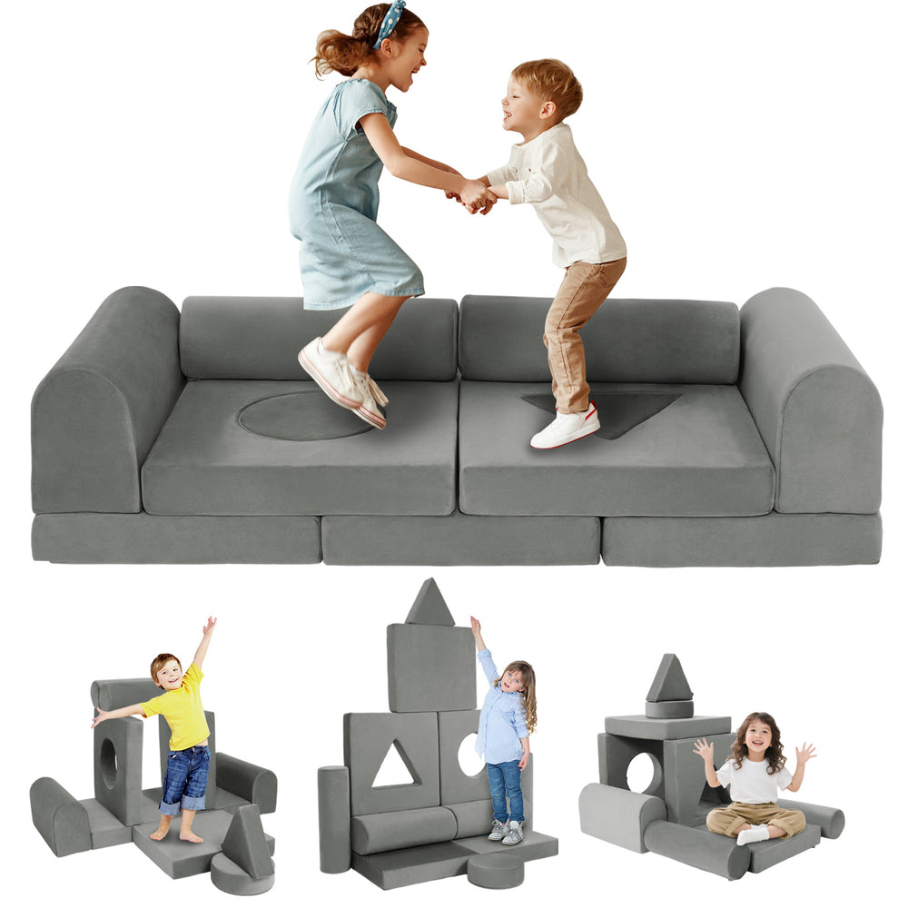 English Elm 11pcs Modular Foam Play Couch Set for Kids Velour Washable Toddler Playroom Builder Dark Gray T5880P493427