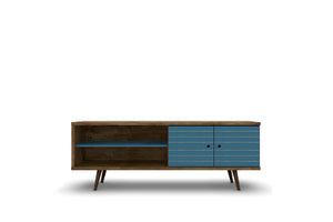 English Elm Liberty 71" TV Stand with Mid-Century Splayed Legs, Wire Management, Drawer & Cubby Storage Brown+Blue B365P398361