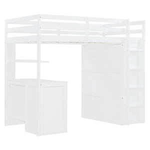 English Elm Twin Loft Bed with Built-in Desk Wardrobe and Drawers Solid Pine Space Saver White LT000301AAK-2