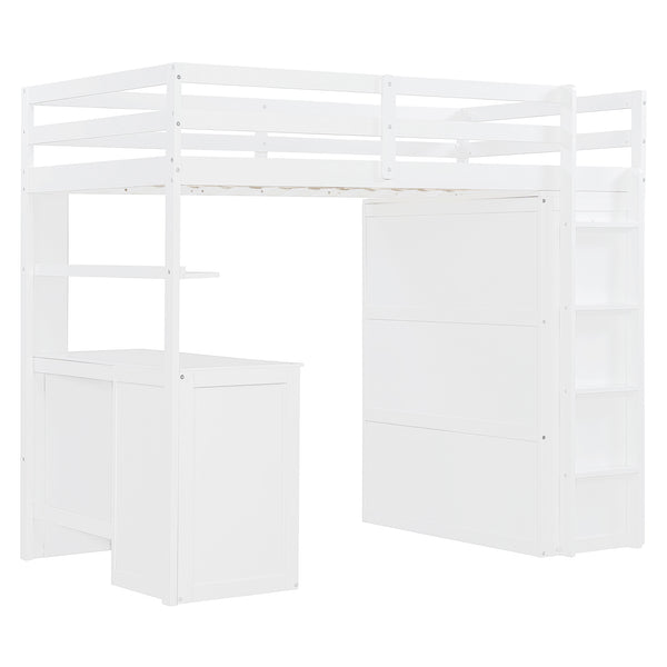 English Elm Twin Loft Bed with Built-in Desk Wardrobe and Drawers Solid Pine Space Saver White LT000301AAK-2