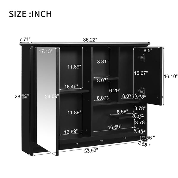 English Elm 36 Inch Wall Mounted Medicine Cabinet with HD Mirror, Adjustable Shelves, Towel Hooks, Modern Style Black N710P254924B