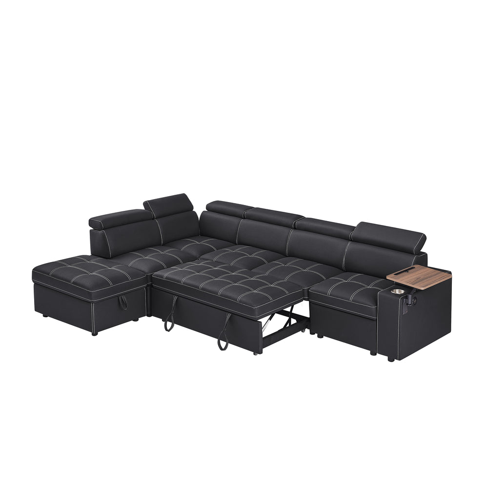 English Elm Black Fabric Sectional Sofa Bed with Storage Ottoman, Pocket Spring Seats, Solid Wood Frame, Modern Durable Design W588S00075