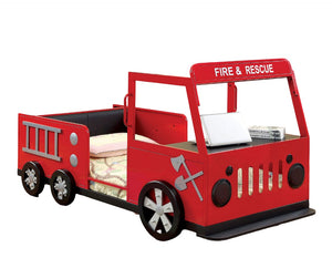 English Elm Modern Fire Truck Bed With Padded Headboard & Hidden Storage Compartment - Red & Black Design B2741S00509