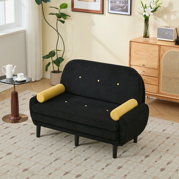 English Elm Black corduroy loveseat sofa with adjustable recline, hidden USB armrest, foam comfort & storage pockets W570P333064