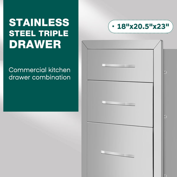 English Elm 14"x20"x23" Stainless Steel Outdoor Kitchen Three Drawer Cabinet for Courtyard Cooking Spaces W3167P303254