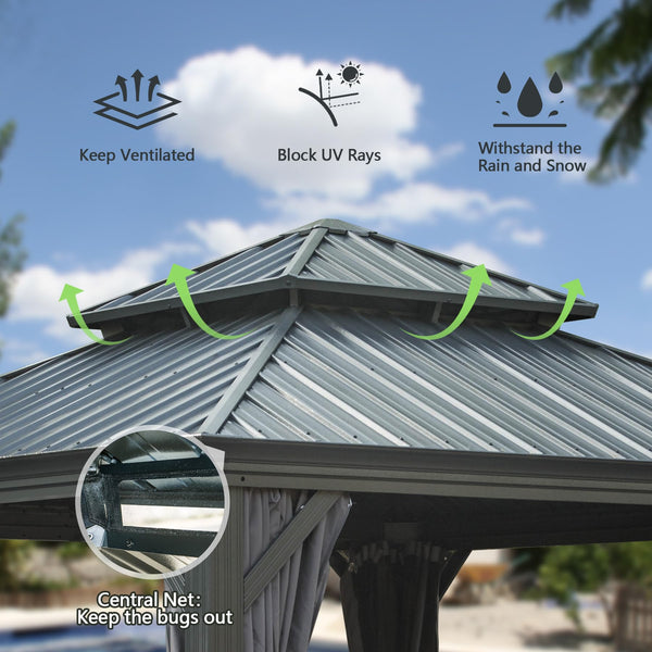English Elm 12'x12' Hardtop Gazebo Canopy Grey — Powder-Coated Aluminum, Double Roof, Drainage, Curtains & Netting W1859S00158