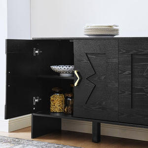 English Elm 60" Mid Century Modern Sideboard Buffet Cabinet with Fluted Diamond Front, Adjustable Shelves, Black — Stylish Storage for TV, Dining, Entryway W1801P290306