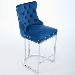 English Elm 25" High Back Velvet Counter Stools Set of 2 with Deep Button Tufting, Spring-Cushion Comfort & Chrome Base Blue W1143P217852