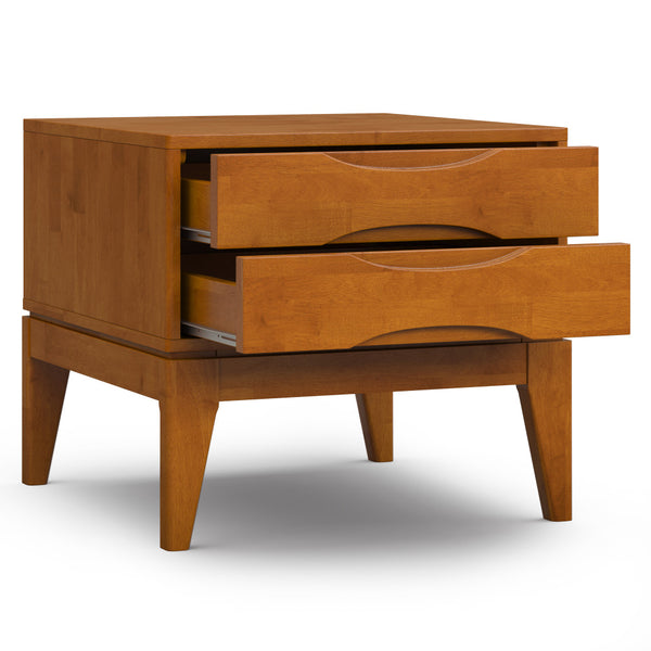 English Elm Harper Teak End Table with Two Drawers — Handcrafted Solid Rubberwood, Mid-Century Contemporary Finish B136P203436