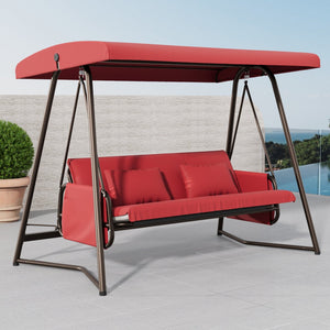 English Elm Outdoor 3 Seater Metal Swing Chair with Plush Cushion, Convertible Bed, Breathable Teslin Fabric Canopy Durable Suspension System Quiet Swing for Patio and Garden Comfort 3-Person Seating Red W400P149696