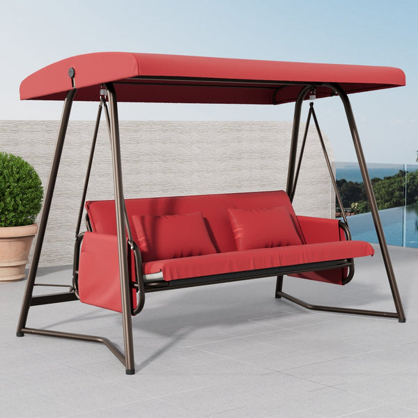 English Elm Outdoor 3 Seater Metal Swing Chair with Plush Cushion, Convertible Bed, Breathable Teslin Fabric Canopy Durable Suspension System Quiet Swing for Patio and Garden Comfort 3-Person Seating Red W400P149696