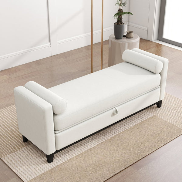 English Elm 66 Inch Sherpa Upholstered Storage Bench with Fluted Wood Base and Bolster Pillows W1658P446122