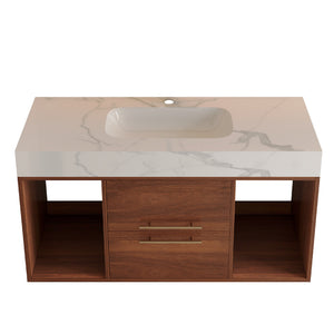 English Elm 39.4 Inch Floating Bathroom Vanity Sintered Stone Top Solid Wood 2 Soft Close Drawers W3136S00034